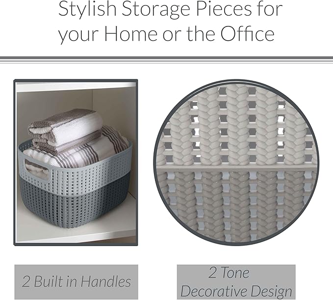 Simplify 2 Tone Sailor Knot Plastic Storage Tote | Decorative Basket | Closet Organization | De-clutter | Accessories | Toys | Bathroom Organization | Large | Grey/Grey