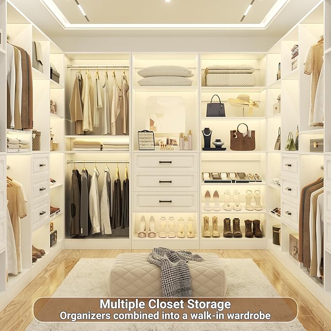 Unikito Modular Closet System with 3 Sets, 75”Closet Organizer System With Drawers, Mirror, Hanging Rods and Adjustable Shelves, Freestanding Wood Wardrobe Garment Rack, Walk in Closet Tower, White
