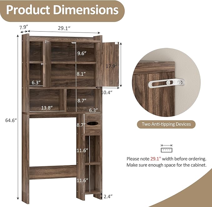 Meilocar Over The Toilet Storage Cabinet, Freestanding Storage Cabinet Over Toilet, Bathroom Storages Organizer Cabinets with Toilet Paper Holder Stand and Adjustable Shelf, Walnut