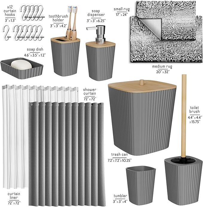 Clara Clark Bathroom Accessories Set - Bathroom Set, Bathroom Sets with Shower Curtain and Rugs, Shower Curtain Set with Bathroom Trash Can - Ombre Grey - 22PC
