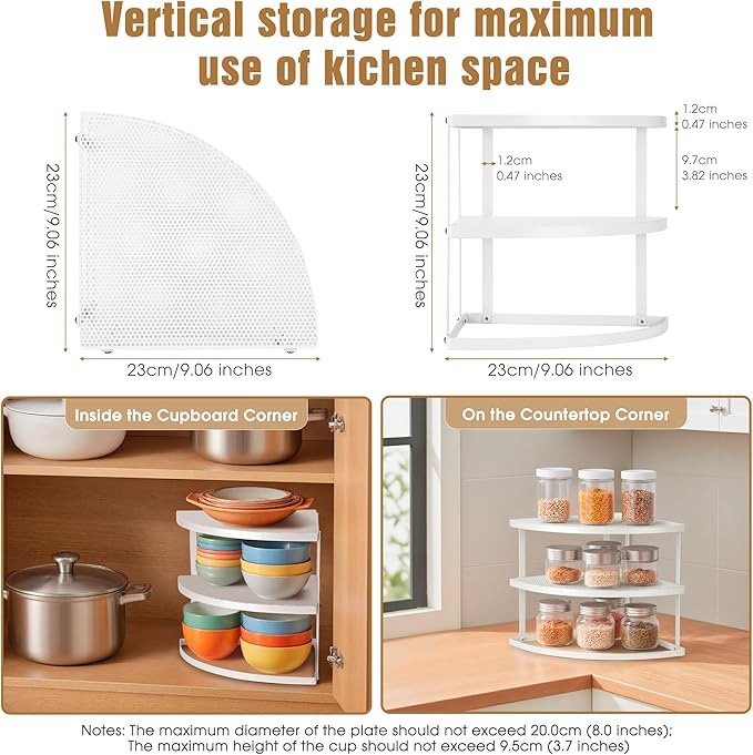 ROFAY 3-Tier Metal Corner Shelf Plate Organizer for Kitchen Counter & Cabinet, Corner Rack for Plates, Dishes, Pantry, and Bathroom Storage, Rust-Resistant Steel, Space-Saving Design (White)