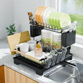2 Tier Dish Drying Rack, Drying Rack with Automatic Drainboard, Dish Racks for Kitchen Counter, Rustproof Dish Drainer with Removable Utensil Holder, Cups Holder, Black