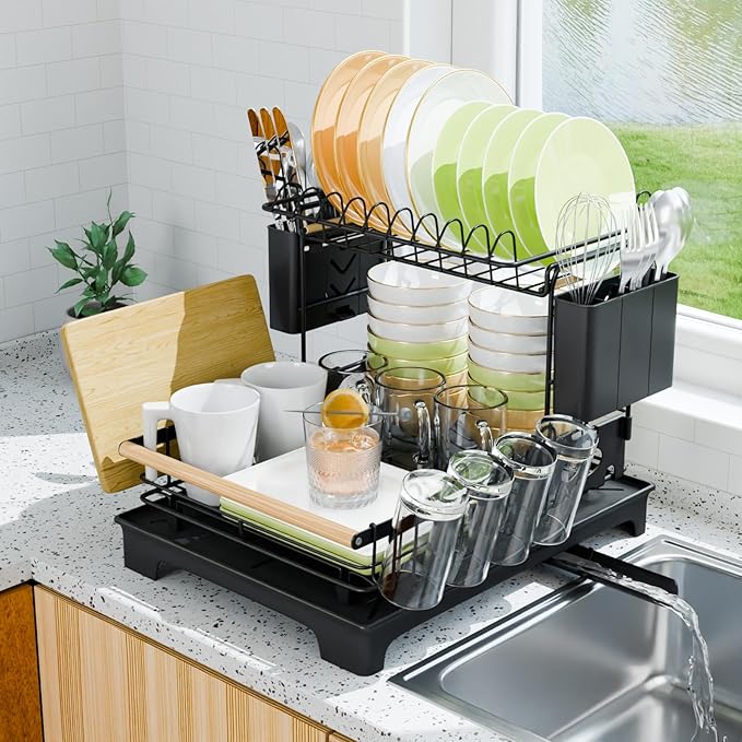 2 Tier Dish Drying Rack, Drying Rack with Automatic Drainboard, Dish Racks for Kitchen Counter, Rustproof Dish Drainer with Removable Utensil Holder, Cups Holder, Black