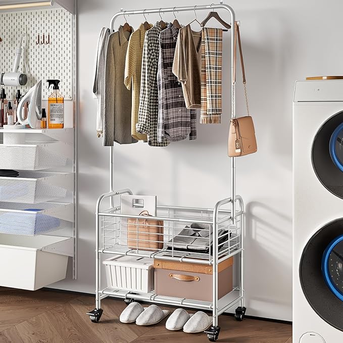 SUOERNUO Laundry Cart with Hanging Rack Rolling Laundry Hamper Sorter with Wheels Shelf,Grey