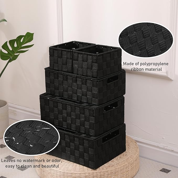 Storage Bins Woven Organizer with Lids Set of 5 – Polypropylene Storage Baskets with Metal Frame, Stackable Fabric Boxes for Drawers, Closet, Shelf, Nursery and Office, Black