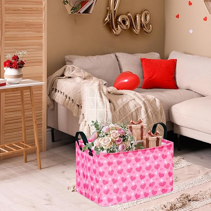 Girls Storage Basket Heart Print Storage Cube for Women, Closet Shelf Organizer Bins Empty Gift Basket with Handles Girls Nursery hamper Kids Toys Books Box Room Deco