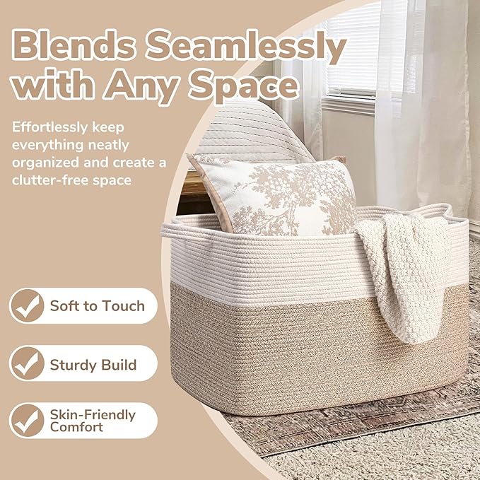 Goodpick Extra Large Woven Blanket Basket, 23.6" x 15.7" x 13.8" Storage Organizer for Blankets, Toys, Dirty Clothes, Rectangle Cotton Rope Basket for Living Room, Nursery, Bedroom
