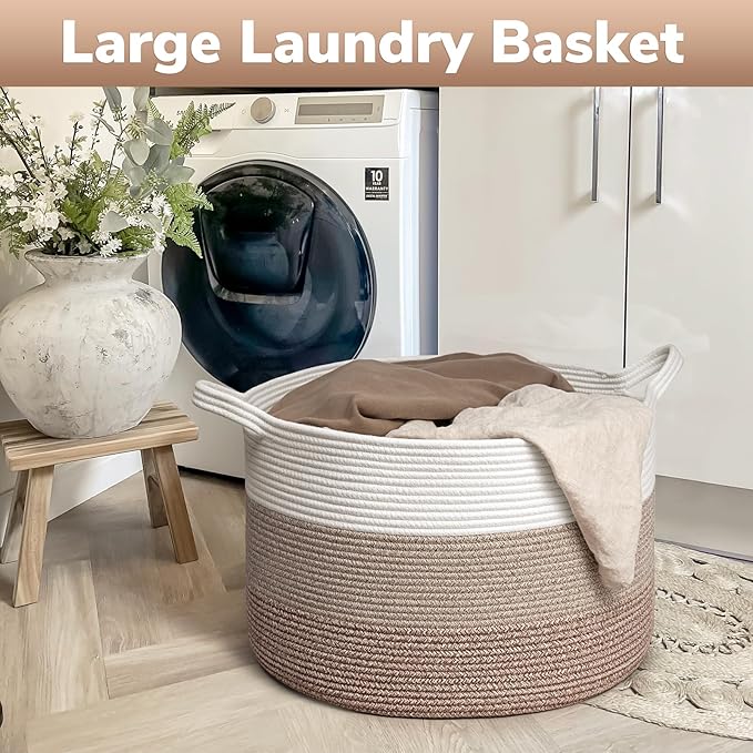 Goodpick Large Laundry Basket, Woven Rope Storage Basket for Blanket, Toy Bin for Baby Room, Nursery, Bedroom, Toys, 21.7'' x 13.8'', Light & Brown