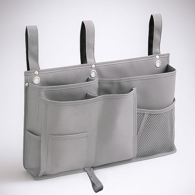 gedamari Bedside Organizer, Durable Bunk Bed Caddy, Multi-Pocket Hanging Storage Bag for College Dorm, Home, Hospital and Baby Stroller, Easy Installation, Metal Rivets Added, Oxford Fabric(Gray)