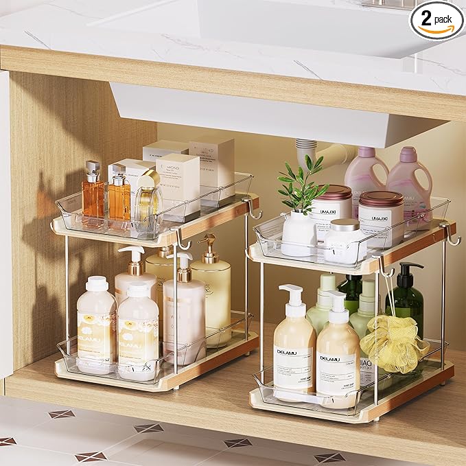 Delamu 2 Tier Bathroom Under Sink Organizers and Storage with Hook, Multi-Purpose Cabinet Drawers with Movable Dividers, Pull Out Organization for Countertop, Kitchen and Pantry(Wood Grain, 2 Pack)