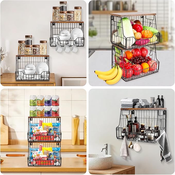Livabber Fruit Basket for Kitchen, Metal Fruit Vegetable Storage Bin with 2 Banana Hangers, Countertop Wire Basket Organizer for Snack Potato Onion, Screw Mounted or Stand (Black, 2 Pack)