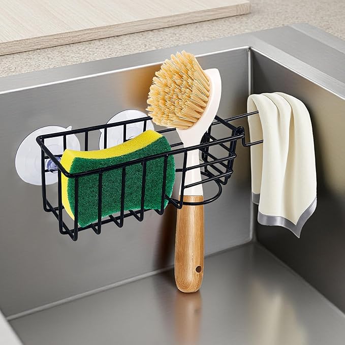 Sponge Holder with Dish Cloth Hanger for Kitchen Sink, In-sink Caddy Organizer with Suction Cups & Adhesive Strips, Rustproof Sponge Rack for Soap, Brush, Scrubber - Black（2 Pack）