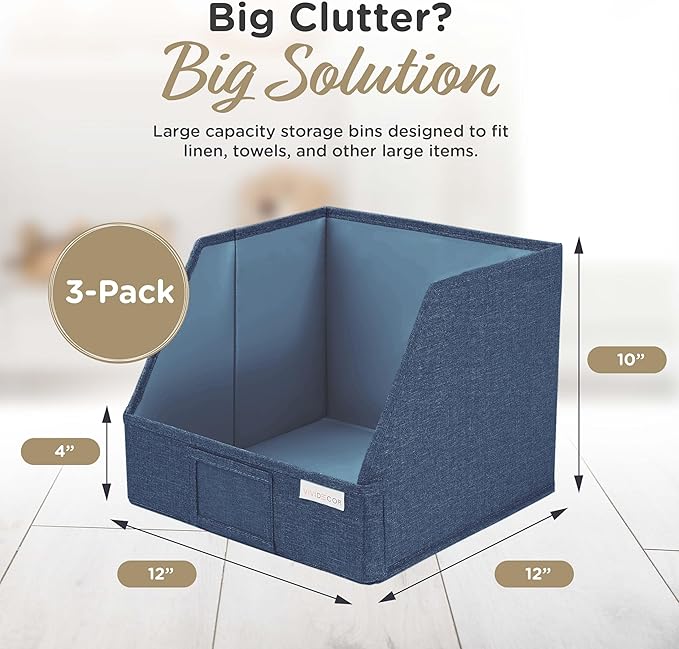 VIVIDECOR Trapezoid Storage Bins – 12x12x10 Fabric Storage Baskets, Collapsible Easy-Access Organiser Boxes for Baby Clothes, Kids Room Organizer – Navy Blue, 3 Pack