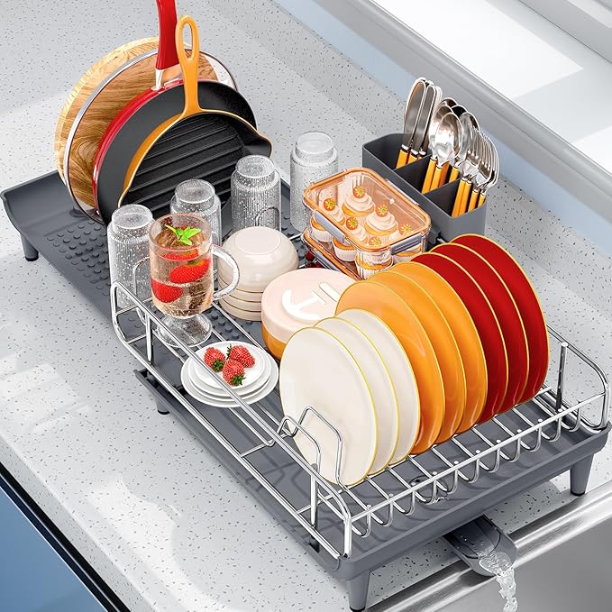 TOOLF Expandable Dish Rack, Dish Drying Rack for Kitchen Counter, Foldable Dish Dryer Rack, Stainless Steel Dish Drainer Racks with Cutlery Holder, Collapsible Dish Drying Racks Large Size,Gray