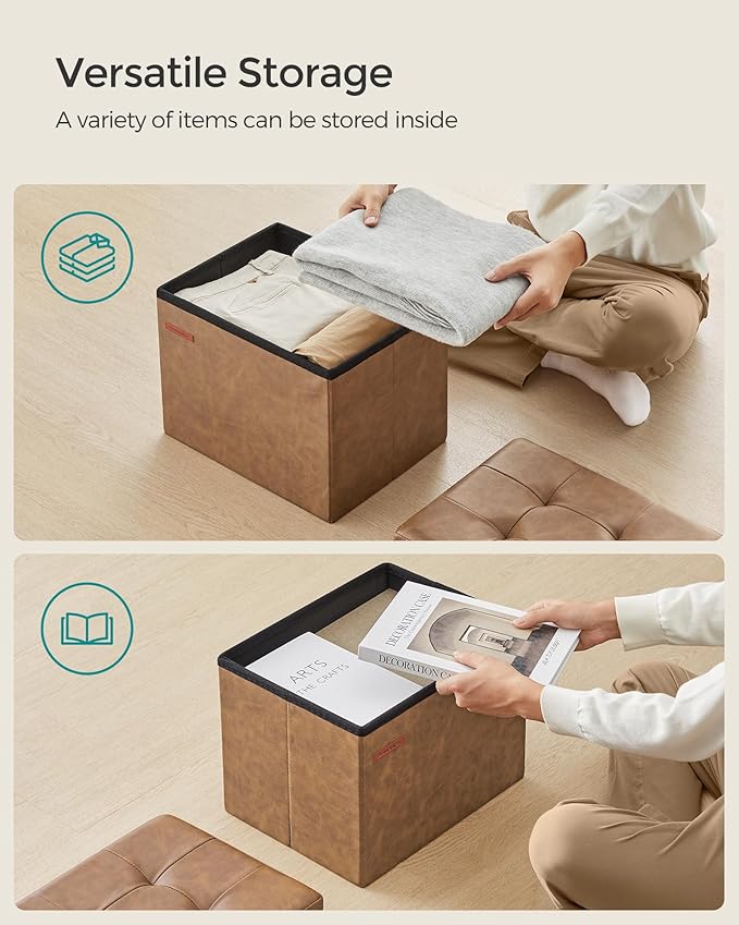 SONGMICS Small Folding Storage Ottoman, Foot Rest Stool, Cube Footrest, Synthetic Leather, 12.2 x 16.1 x 12.2 Inches, 286 lb Capacity, for Living Room, Bedroom, Dorm, Coffee Brown ULSF100K01