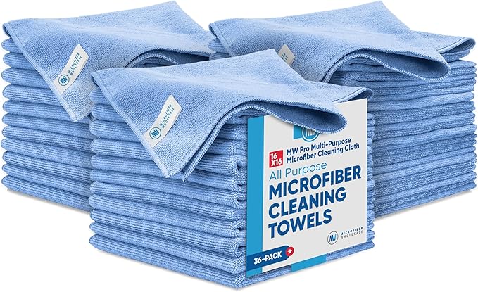 MW Pro Microfiber Cleaning Cloth | Blue | 36 Pack | 16” x 16” | All Purpose Microfiber Towels - Clean, Dust, Polish, Scrub, Absorbent