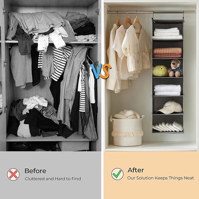 MAX Houser 6 Tier Shelf Hanging Closet Organizer, Closet Hanging Shelf with 2 Sturdy Hooks for Storage, Foldable (Grey-D3)