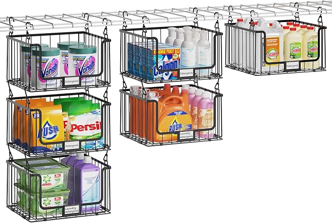 3-Pack Hanging Laundry Organizer, Stackable Wire Shelf Storage with Label Cards, Foldable Metal Baskets with 360°Rotating Hooks,Space-Saving for Laundry Room, Closet & Pantry, 11"×15" Large,Black