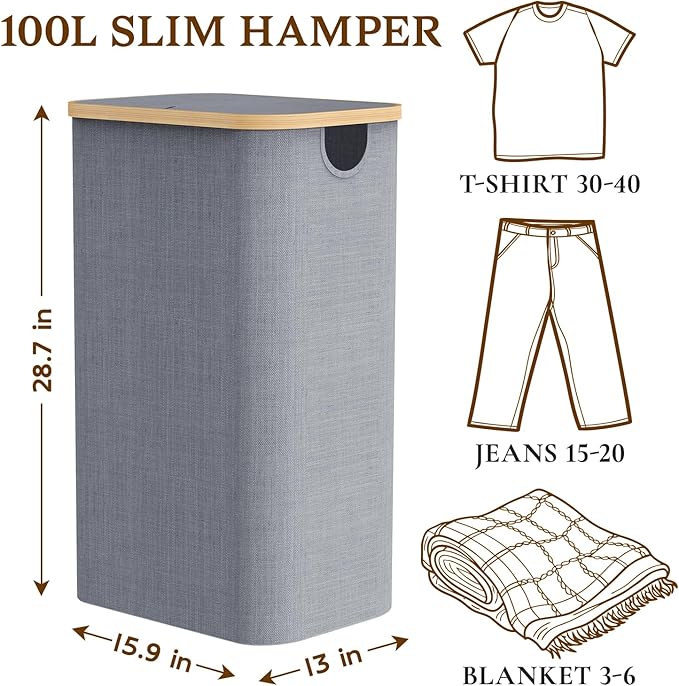 Laundry Baskest with Lid, 100L Large Tall Laundry Hamper with Removable Bag, Collapsible Laundry Hamper for Bedroom, Bathroom, Dorm, Laundry Room, Grey