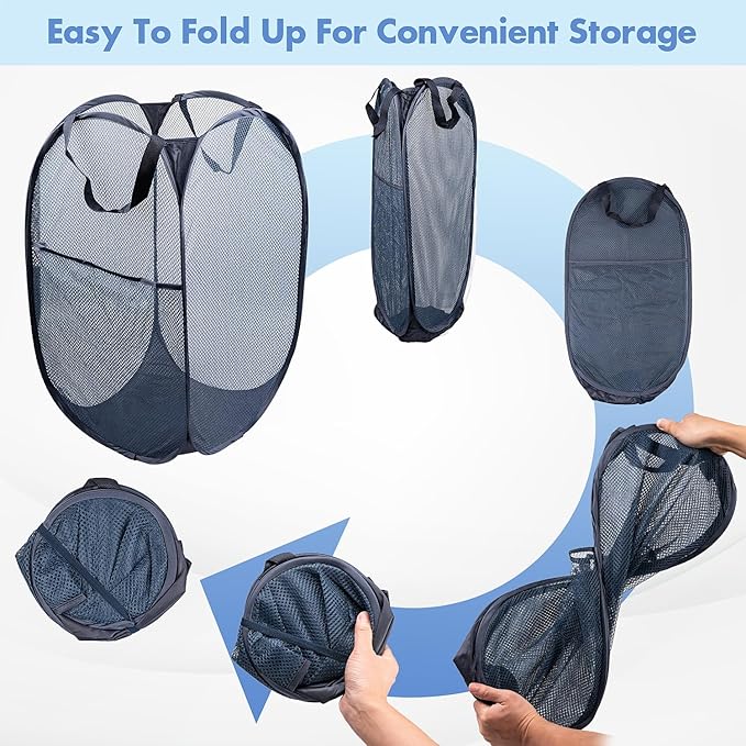 DUCOO Pop Up Hamper, 2 PCS Mesh Pop Up Laundry Hamper, Foldable Mesh Laundry Basket with Space Saving Design for Home, Dorm, Travel and Storage, Blue