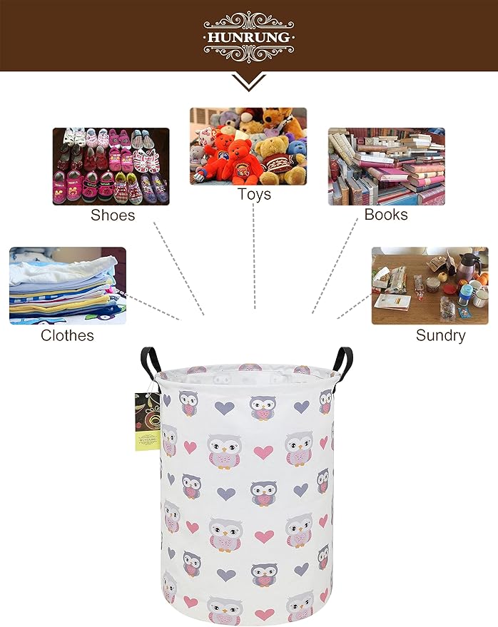 HUNRUNG Laundry Hamper,Large Canvas Fabric Lightweight Storage Basket Toy Organizer Dirty Clothes Collapsible Waterproof for College Dorms（Round-Love Owl）