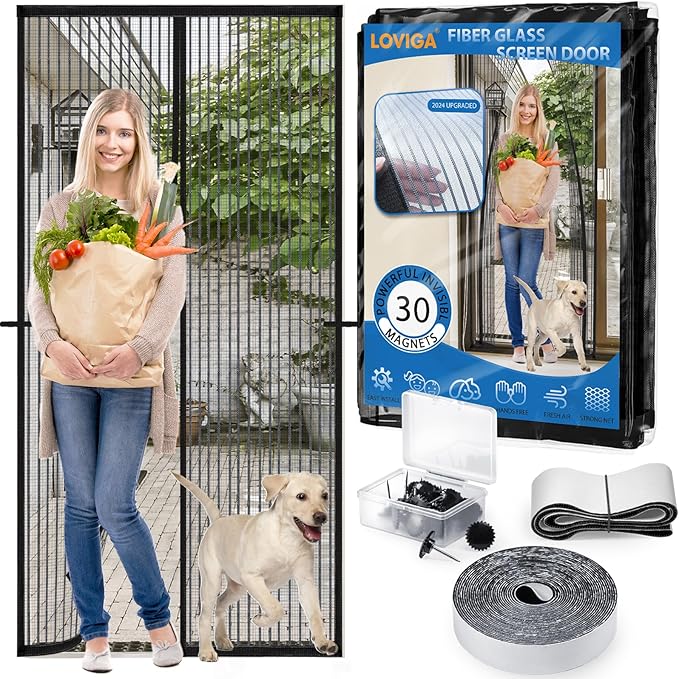 Heavy Duty Door Screen Magnetic Closure, LOVIGA Thickened Fiberglass Screen Door Mesh, Self Sealing, Tear Resistant, Easy Assemble, Fine Mesh Keep Bugs Out Fit Door Size 36 Inch X 80 Inch