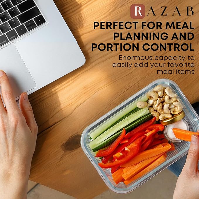 Razab 30 PC Glass Food Storage Containers with Lids - Reusable Glass Meal Prep Containers for Lunch & Leftovers - Airtight & Leakproof Snap Locking Lids - Oven, Freezer, Microwave & Dishwasher Safe