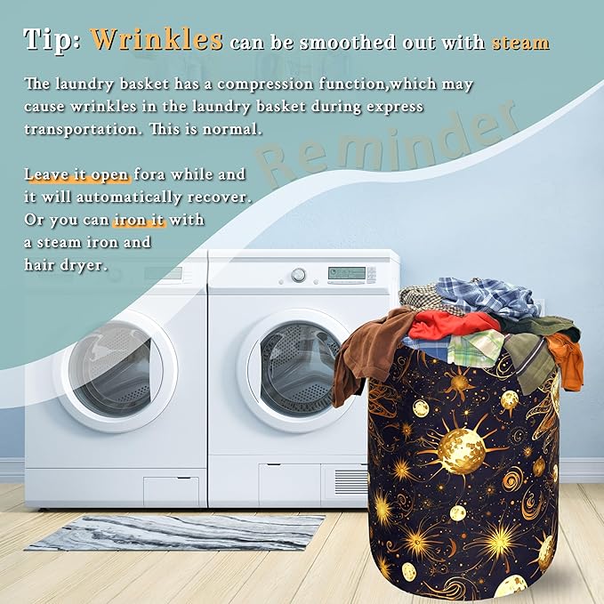 Golden Sun Pattern Laundry Basket Galaxy Funny Laundry Hamper Foldable Oxford Cloth Universe Colorful Tote Bag Clothes Toy Storage Bucket 18.9" x 16.5"For Bathroom/Laundry Storage/Bedroom