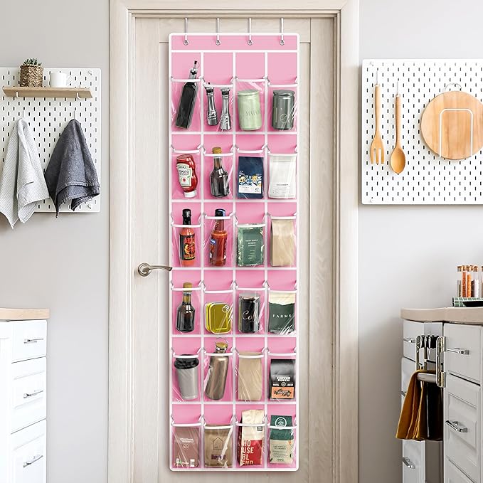 Simple Houseware 24 Pockets - Crystal Clear Over The Door Hanging Shoe Organizer, Pink (64'' x 19'')
