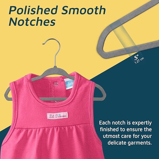 Gray Velvet Kids Hangers 20 Pack, 10.83" Non-Slip Baby & Toddler Hangers for Clothes, Space-Saving Slim ABS Plastic with 360° Swivel Hook & Notched Shoulders, Up to 10 lb Capacity