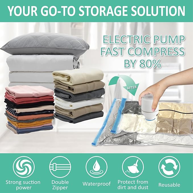 Cozy Essential 20 Pack Vacuum Storage Bags with Electric Pump, Vacuum Seal Space Saver Bags Compression for Clothing, Pillows, Blanket, Bedding, Comforters