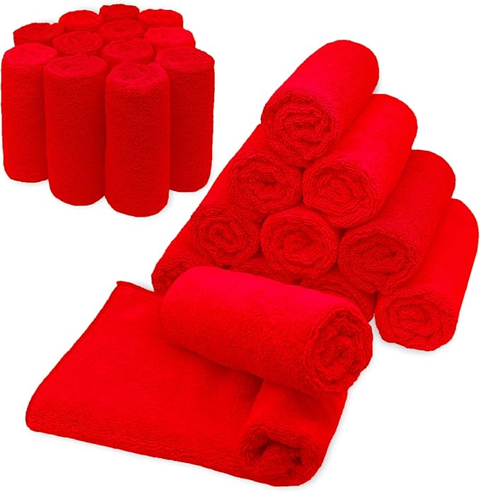 Blue Horizon Microfiber Cleaning Towels, Pack of 24, Ultra Soft Plush Washcloth, All Purpose Premium Microfiber Detailing Cleaning Cloths Reusable Shop Towels (16" x 16", Red)