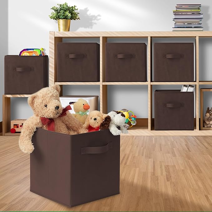 Casafield Set of 6 Collapsible Fabric Cube Storage Bins, Brown - 11" Foldable Cloth Baskets for Shelves, Cubby Organizers & More