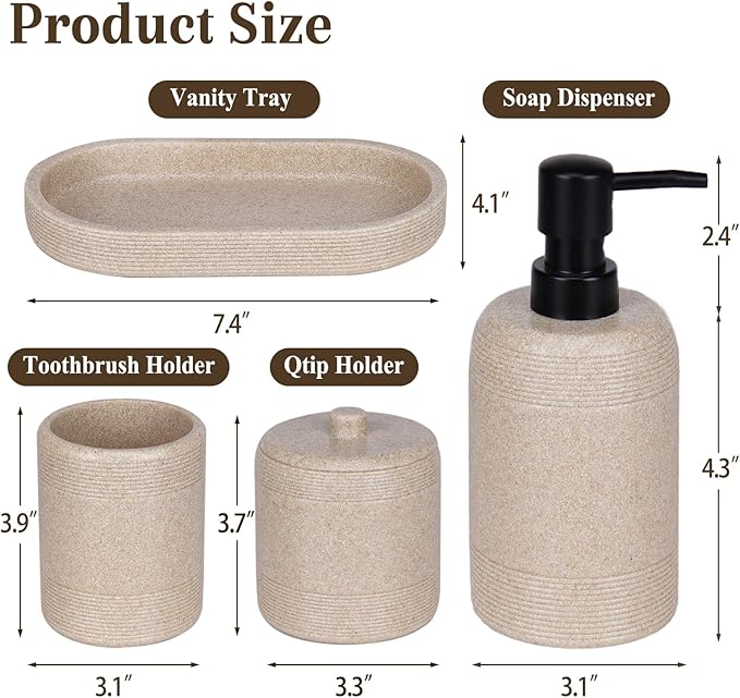 Haturi Beige Bathroom Accessories Set, 4 Pcs Stone Style Lotion Dispenser, Toothbrush Holder, Qtip Holder, Vanity Tray for Countertop Organization – Elegant Modern Neutral Bathroom Decor