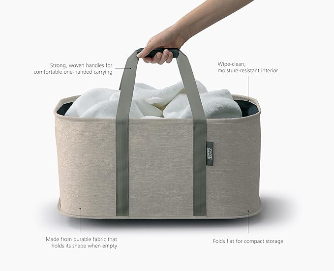 Joseph Joseph Hold-All, Collapsible 35L/9.25 Gallon Washing Laundry Basket Bag, Durable Fabric, Moisture Resistant - Ecru