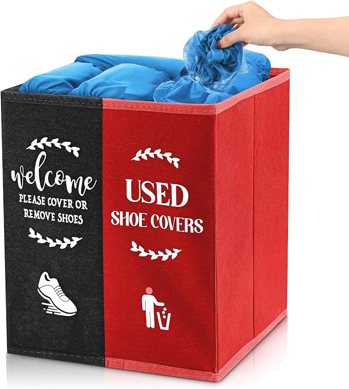 Shoe Cover Box Dispenser Foldable Storage Bin Holder with Used Shoe Covers and Welcome Please or Remove Sign for Open House Supplies(Black, Red)