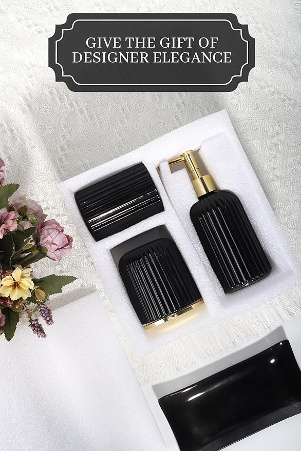Designer Black Glass Bathroom Accessories Sets - 4 Pcs with Lotion Soap Dispenser, Bathroom Toothbrush Holder, Vanity Tray, and Apothecary Jar, Vintage Bathroom Decor, Gift Countertop Organizer