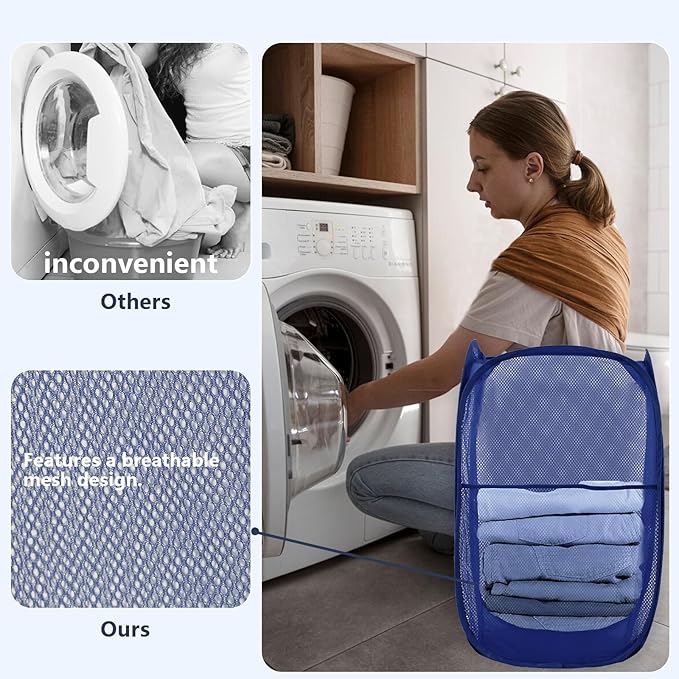LXLOVESM Pop Up Laundry Hamper, Mesh Laundry Basket Collapsible, Foldable Hamper for Travel and Storage (Blue)