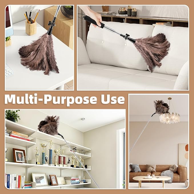 Extendable Ostrich Feather Duster with 19-49 inch Rotatable Stainless Steel Pole, Natural Feather Duster for Ceiling Fan Cobweb Dusting, Reusable Flexible Cleaning Duster(Include 1 Replacement Heads)
