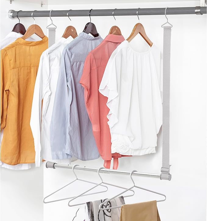 STORAGE MANIAC Hanging Closet Rod, Adjustable Width and Height Closet Hanging Organizer, Space-Saving Clothes Hanging Bar, Closet Extender Hanging Rod Double Closet Hanging Rod, 1 Pack Webbing