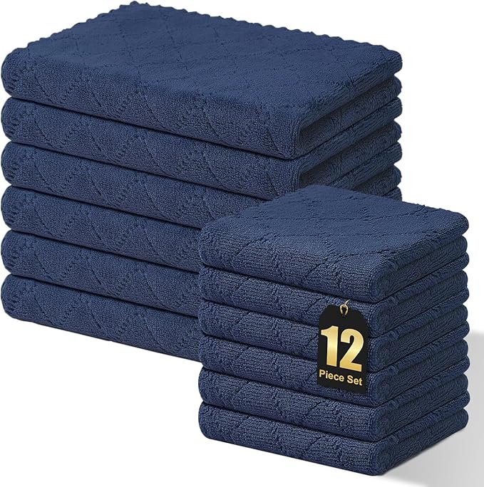 Homaxy Kitchen Towels and Dishcloths Set, 10 x 10 and 13 x 19 Inches, Set of 12 Super Soft and Absorbent Coral Velvet Kitchen Towels, No Lint and Nonstick Oil Fast Drying Dish Towel, Navy Blue