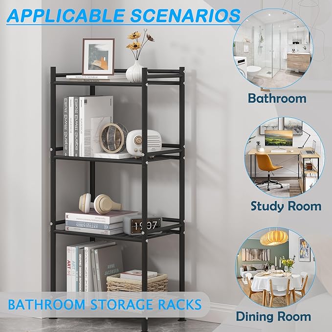 4 Tier Bathroom Storage Open Shelf Unit, Free-Standing Metal Corner Rack Shelving for Kitchen, Living Room, Hallway (Black, Wider 4 Tier)