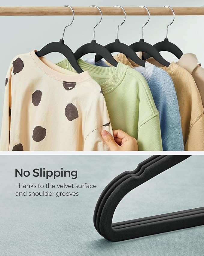 SONGMICS Baby Kids Hangers 50 Pack for Closet, 11.8 x 8.1 Inches, Silver 360° Swivel Hooks, Space-Saving Clothes Velvet Hangers for Nursery, Non-Slip, Ink Black UCRF027B05
