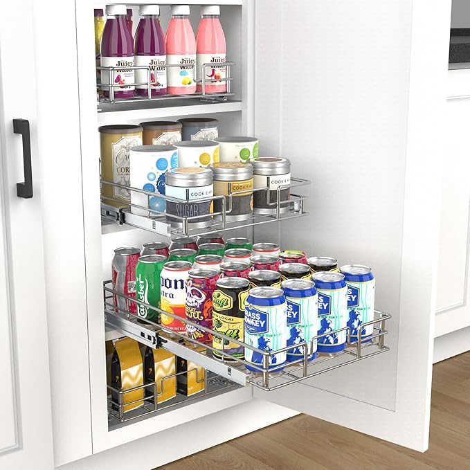 Pulloutor Pull Out Cabinet Organizer, 17" W x 21" D Slide Out Kitchen Cabinet Storage Shelf and Drawer Organizer NEED 18" W and 22" D Cabinet, Chrome Finish