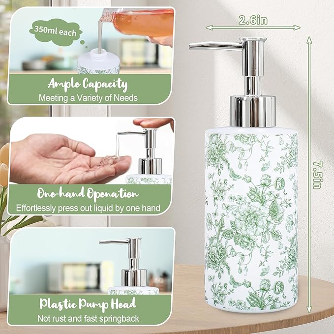 JarThenaAMCS Green Floral Soap Dispenser Glass Dispenser with Pump Refillable Vintage Chinoiserie Flower Butterfly Liquid Soap Container for Kitchen Bathroom Countertop Decor