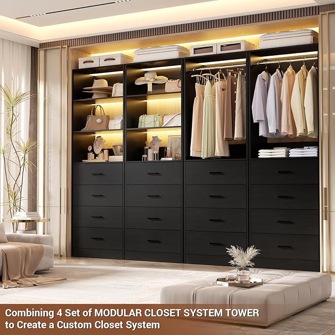 Aheaplus Closet Drawers Organizer System, 3.54FT Wood Closet System with 4 Drawers, Modular Walk-in Closets Storage Unit, Tall Bookshelf Storage Cabinet, Black (2 Packs)