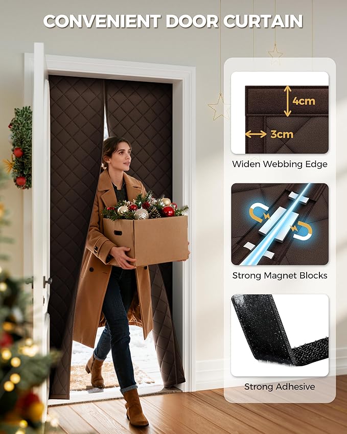 Magnetic Thermal Insulated Door Curtain Fits Door Size 36 x 82 Inch, Insulation Cover for Cold, Oxford Cloth Thicken Cotton Filled Blanket for Front Back Attic Door in Winter, Brown