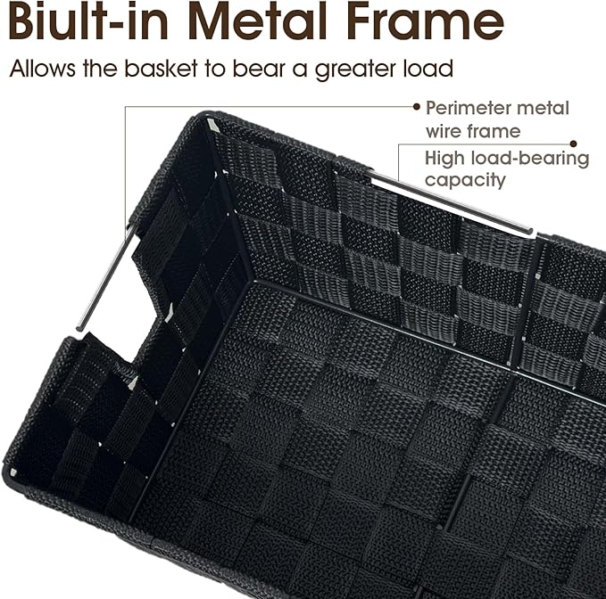 homyfort Black Storage Baskets for Shelves, Woven Shelf Baskets for Organizing, Small Strap Organizer Basket for Bathroom Storage, Set of 4