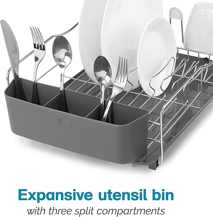 Polder KTH-615 Dish Rack, 4 PC Combo– Advantage System Includes Rack, Drain Tray, Removable Drying Tray & Cutlery Holder – Stainless Steel & Plastic