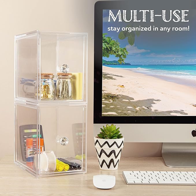 Oizeir Clear Drawer Organizers - Acrylic, Durable, Stackable, Pull-Out Drawer. Great for Medicine, Cosmetics, Makeup and Bathroom Organization. (8" High | 2-PACK)